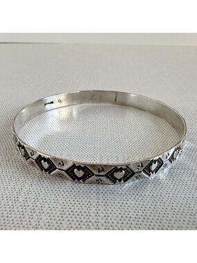 Sterling Silver Heart Bangle Bracelet Folk Art Signed 7"